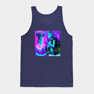 Blue Techno Future Cat Floats While He Talks to a Cyberpunk Girl Tank Top